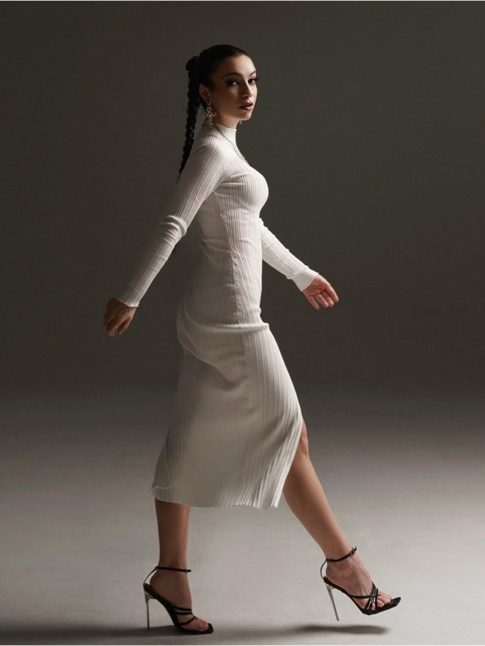 Aritzia Cream Ribbed Long-Sleeve Midi Dress with Side Slit